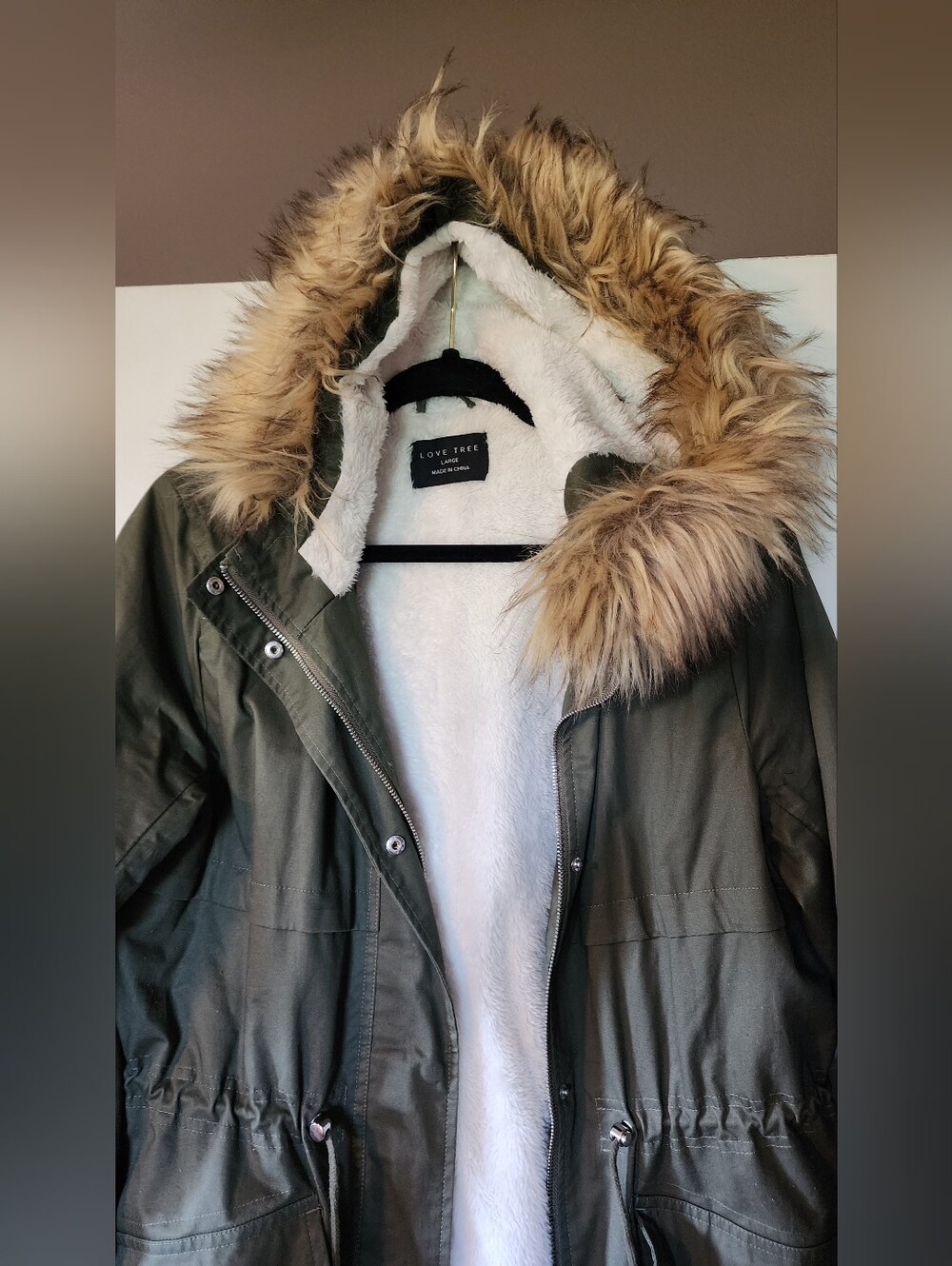 Olive Green Parka with Faux Fur Trim Hood